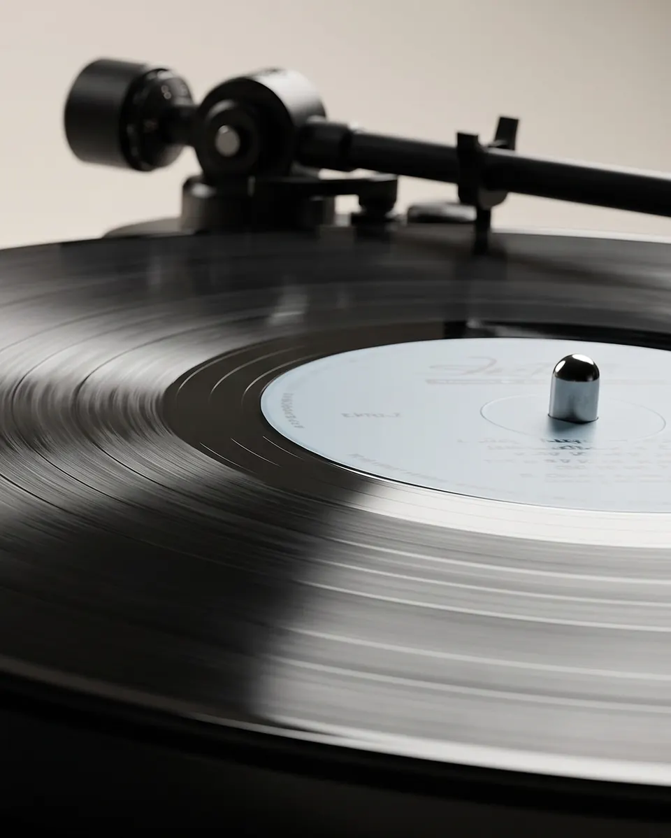 A record turning under the tonearm, close up — the front cover of the 2026 catalogue