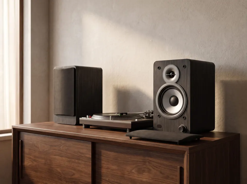 YE-B341 Active Bookshelf Speakers, in a room